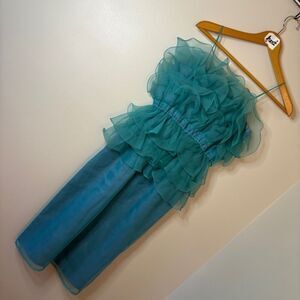 Avantgarde Teal Ruffled Midi Dress Vintage Themes Brand sz 4 preworn see INFO